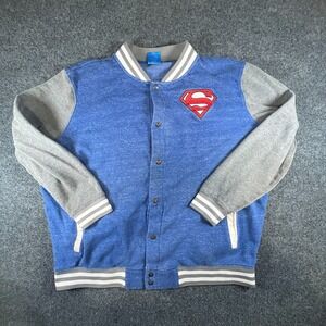 Superman DC Comics Varsity Jacket Mens 2XL Blue Gray Fleece Lined Snap Front